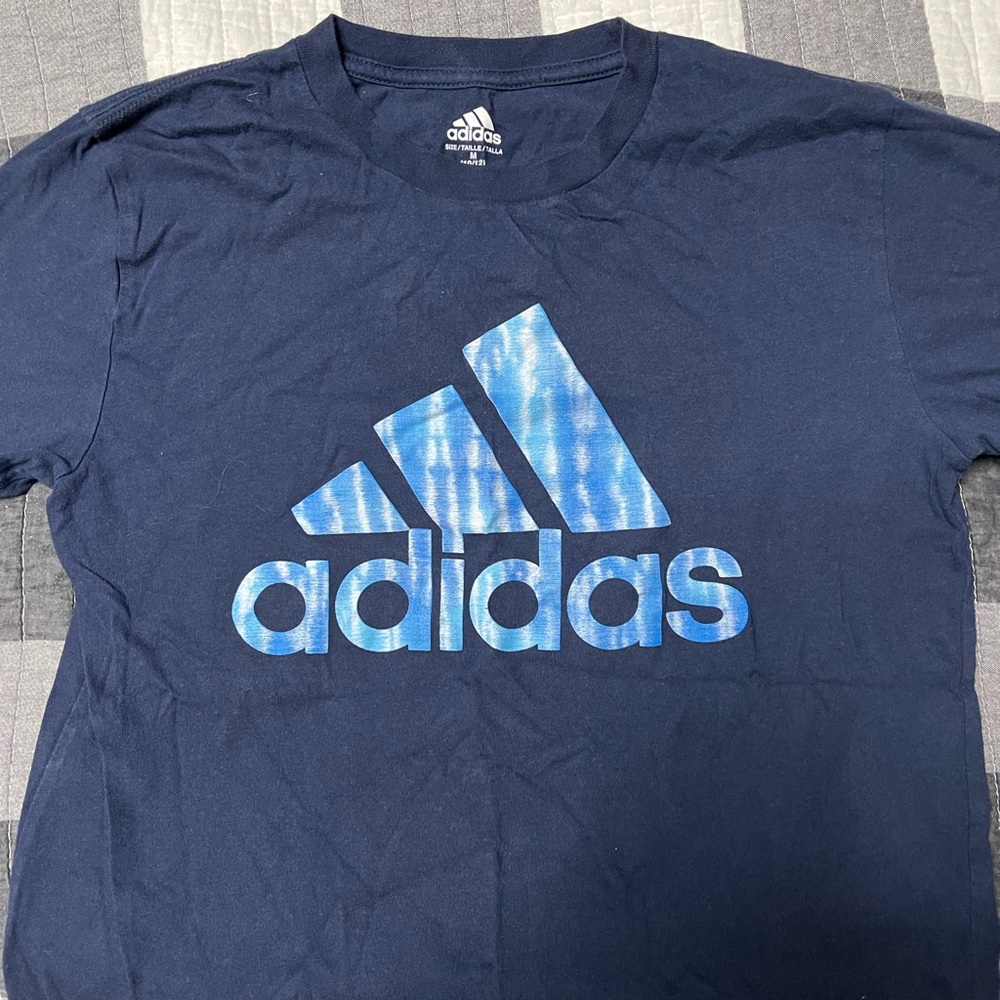Adidas Men's Dark Blue Tee with Light Blue Logo